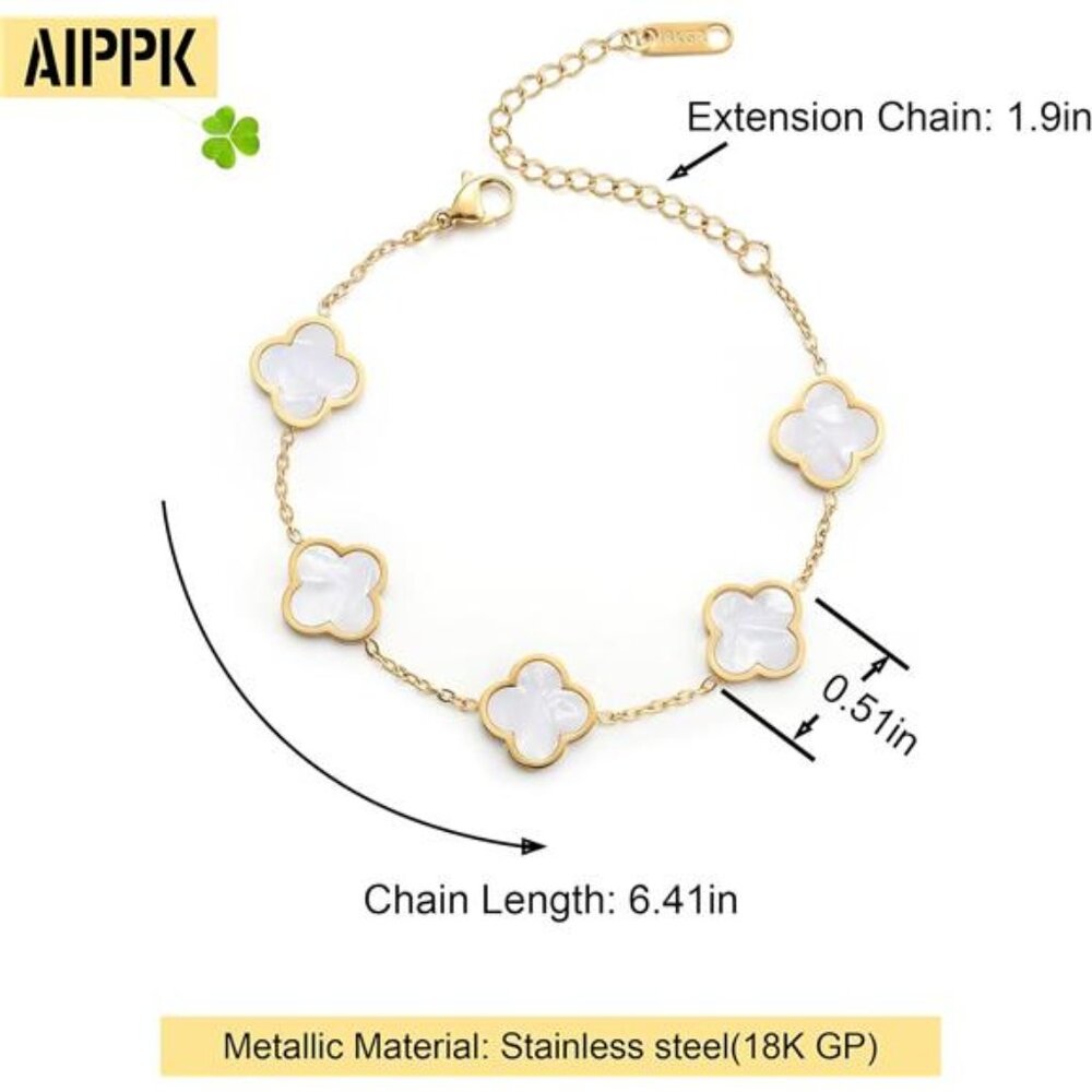 18K Gold Plated Clover Lucky Bracelet for Women White Flower - Picture 2 of 6